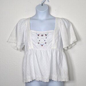 Old Navy Babydoll Blouse Sz L Embroidered Smocked Back Cottagecore Peasant Beach
